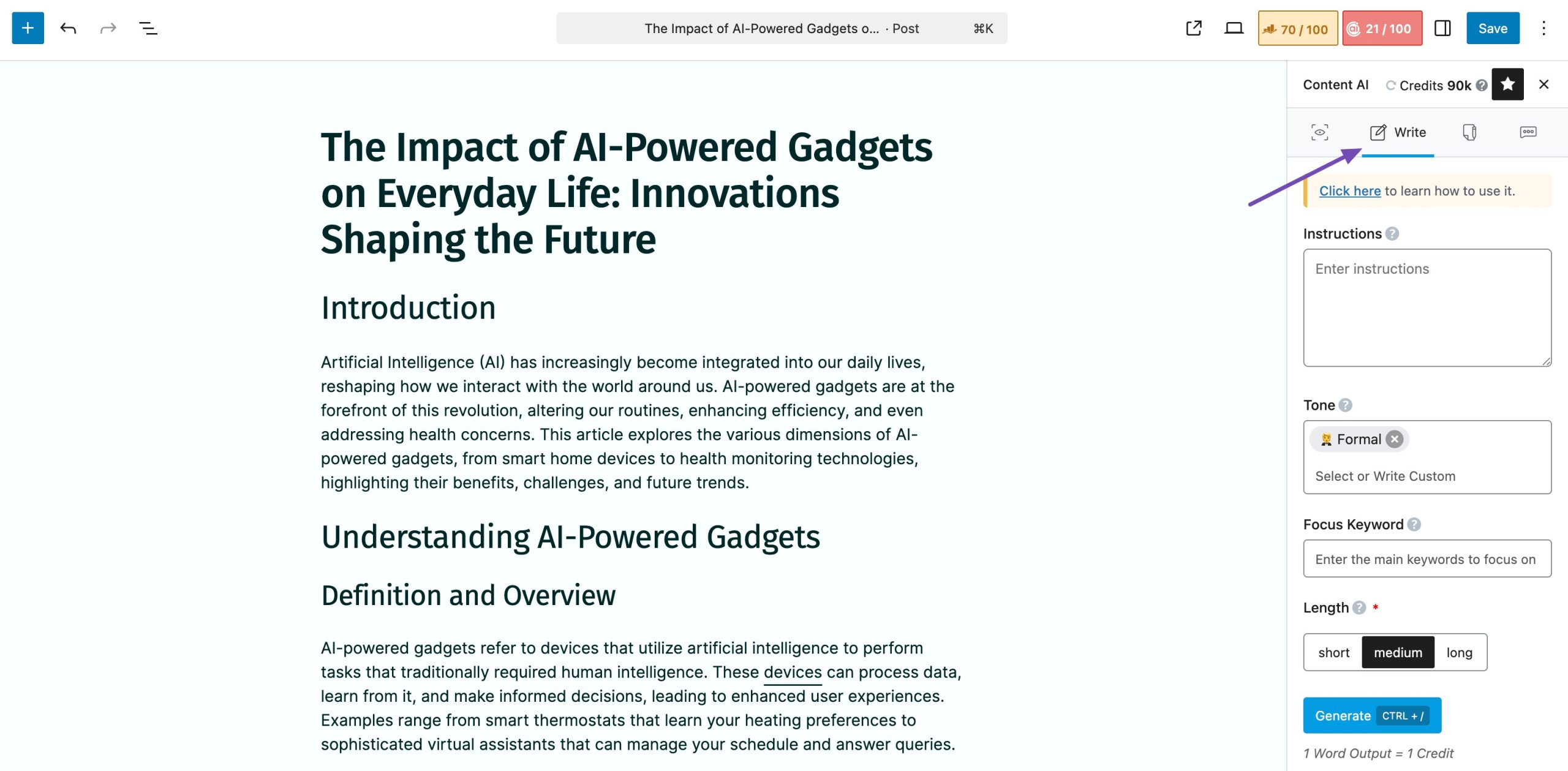 Write feature in Content AI