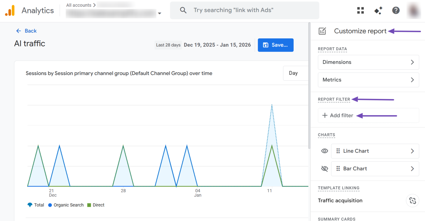 Click Add Filter in the Customize report sidebar