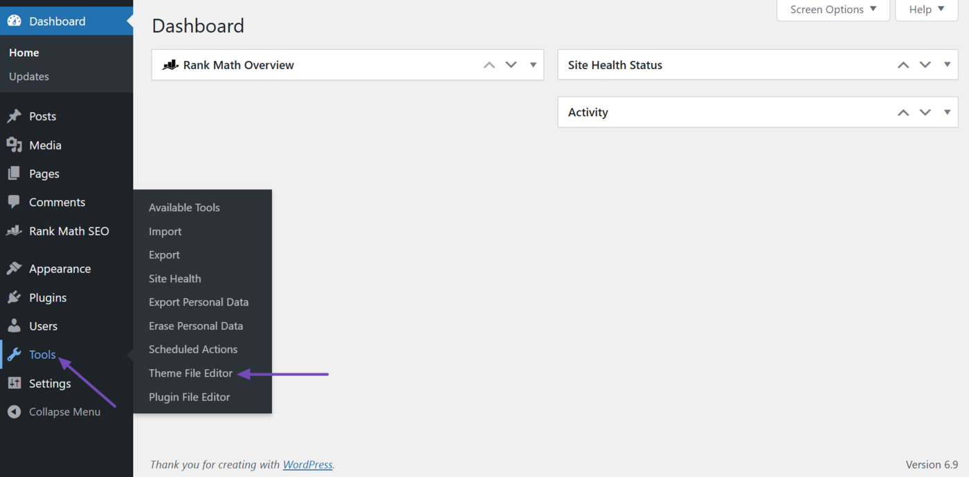 Click Tools and Theme File Editor from your WordPress dashboard