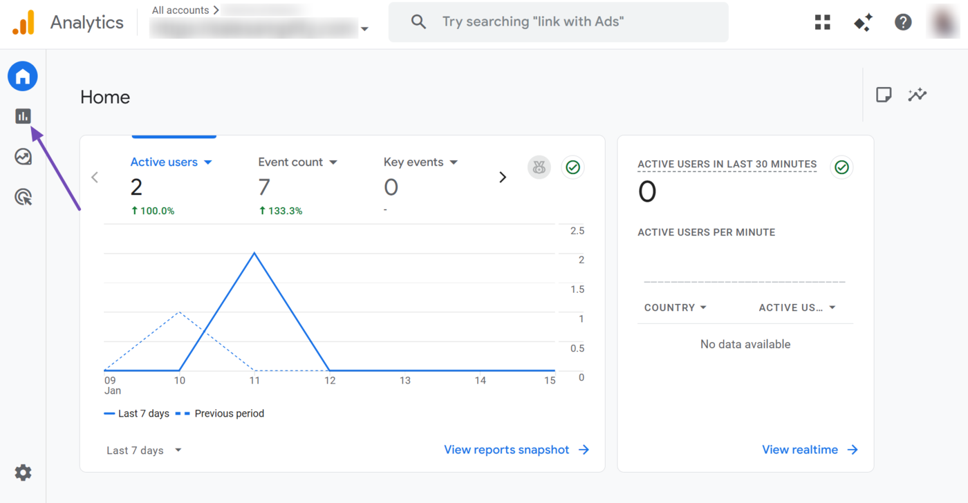 Click the Reports icon in Google Analytics 4