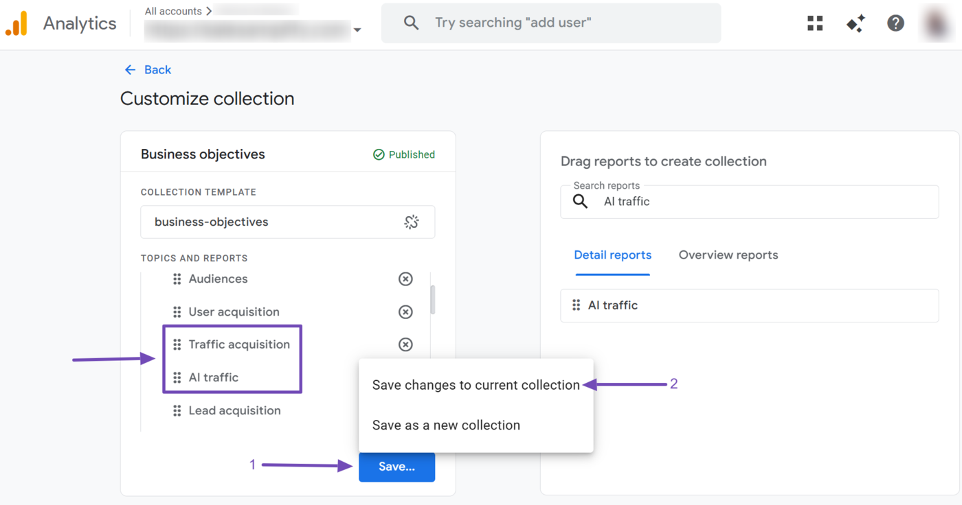 Drag the AI traffic report into the Topics and Reports field