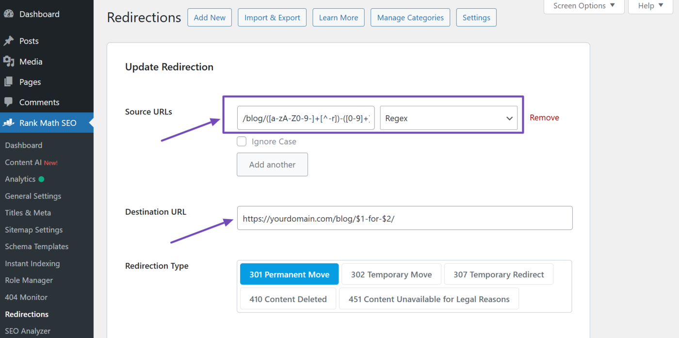 Sample of a regex to add additional text to a URL with a subcategory