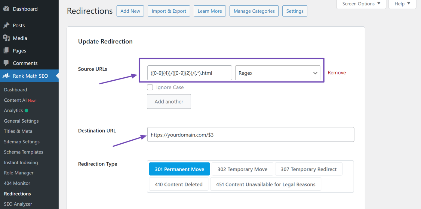 Sample of a regex to redirect a URL with a year, month, and .html to only the URL slug