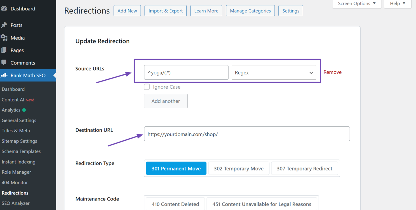 Sample of a regex to redirect a subdirectory and pages to a new URL