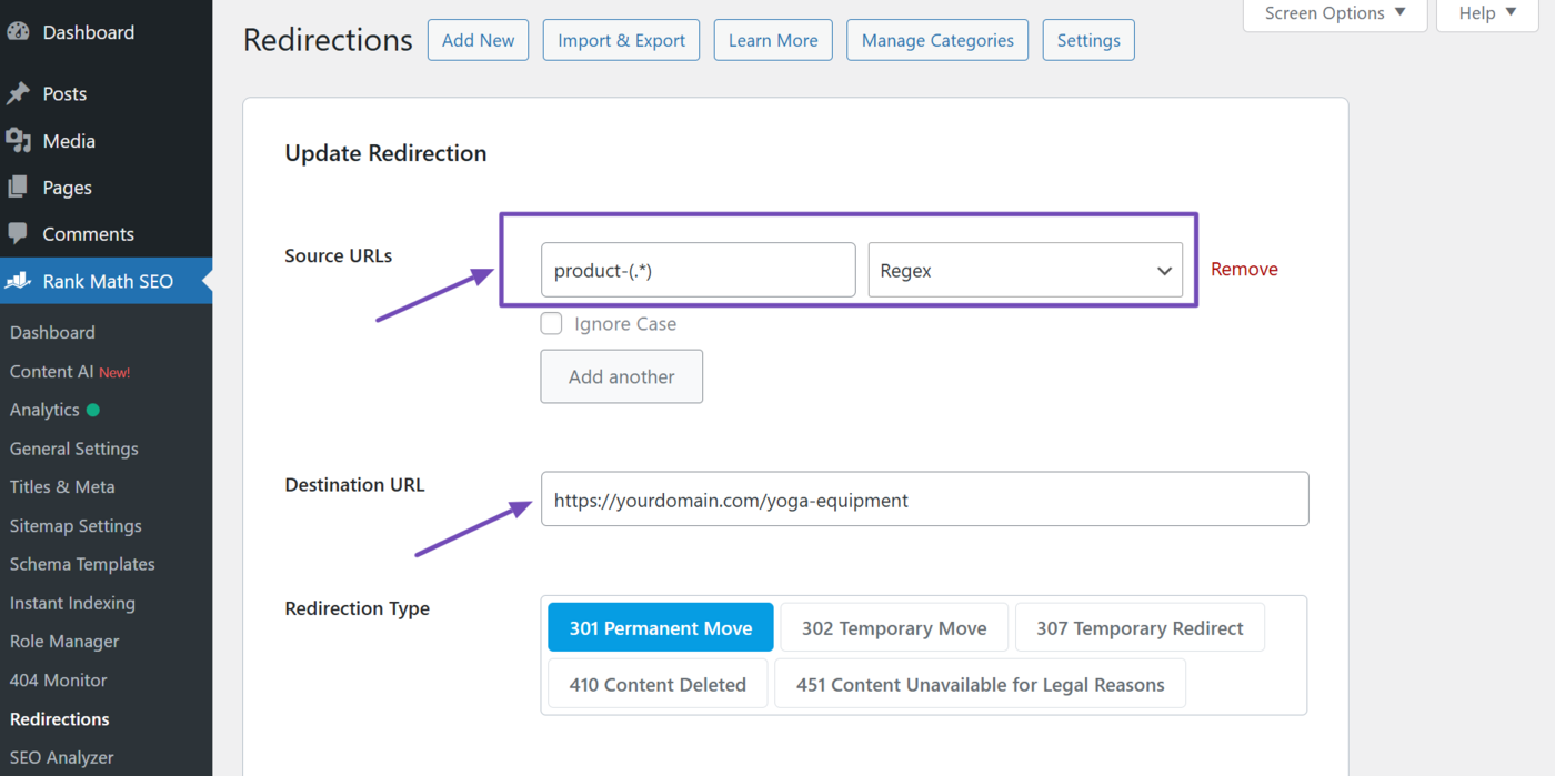 Sample of a regex to redirect multiple URL Slugs with a constant to a single URL