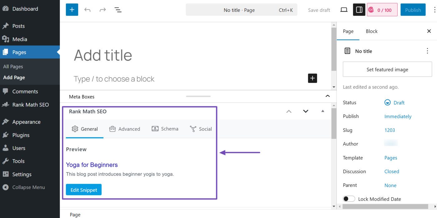 Sample of the Rank Math meta box at the bottom of the post or page editor