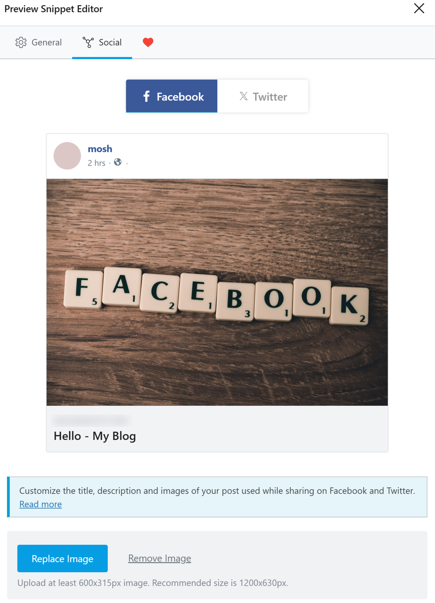 Sample of the social sharing image in the snippet editor