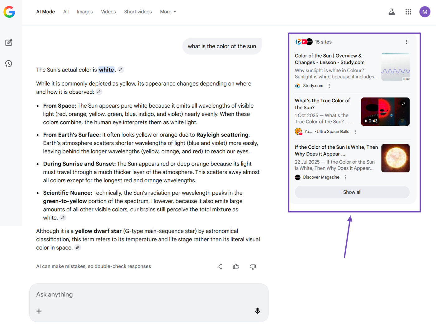 Sample of the webpages returned on Google AI Mode