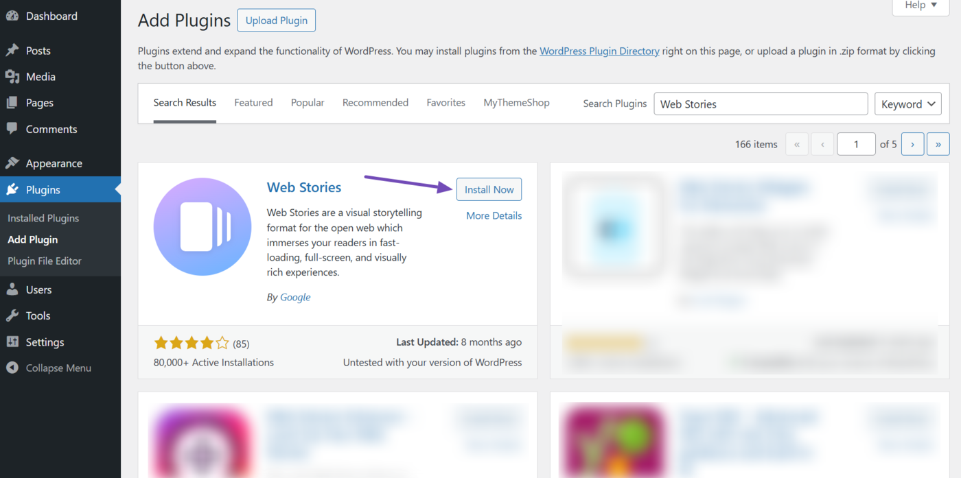 Search for Web Stories and click Install Now