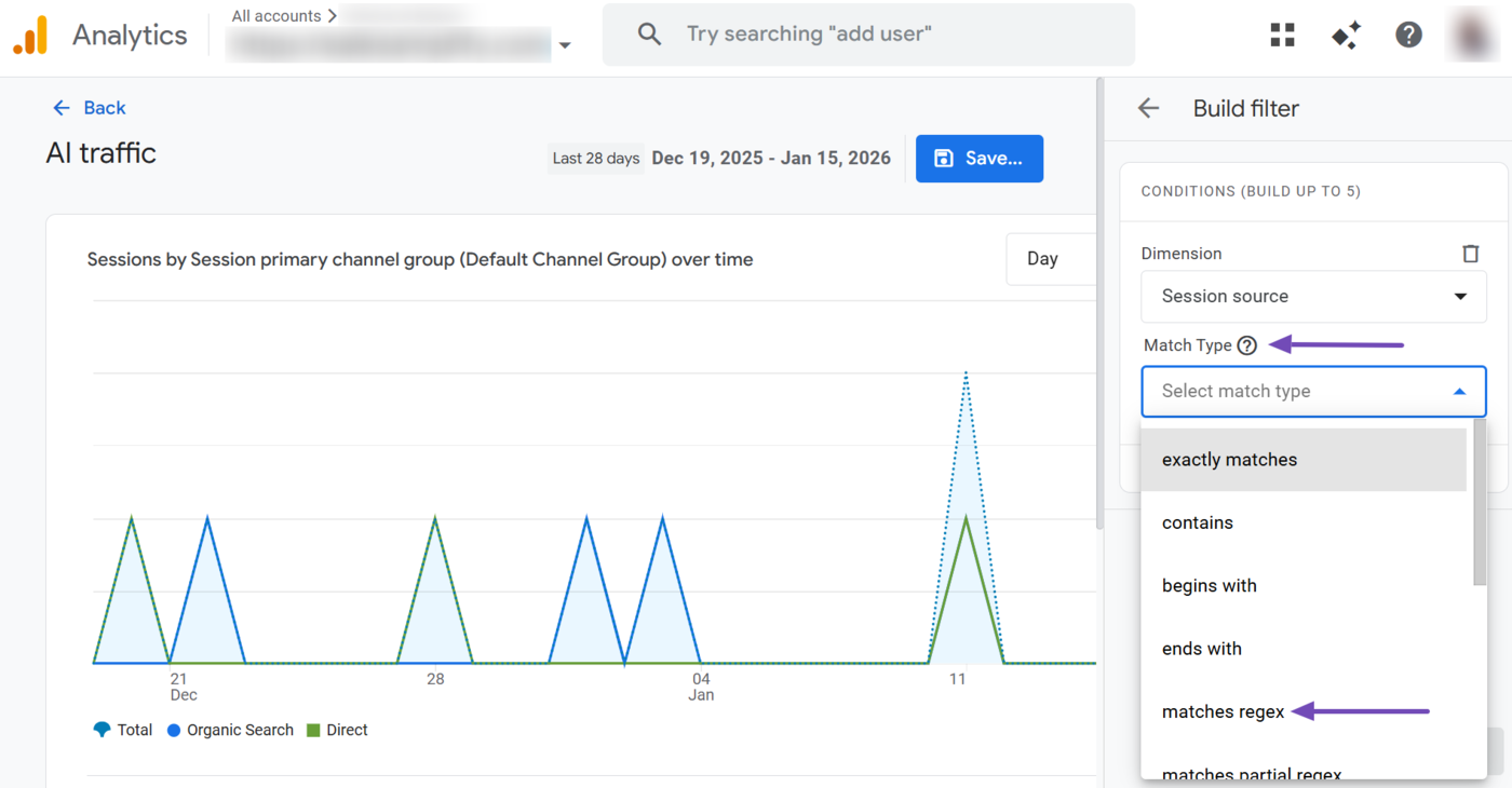 Set the Match type to Matches regex