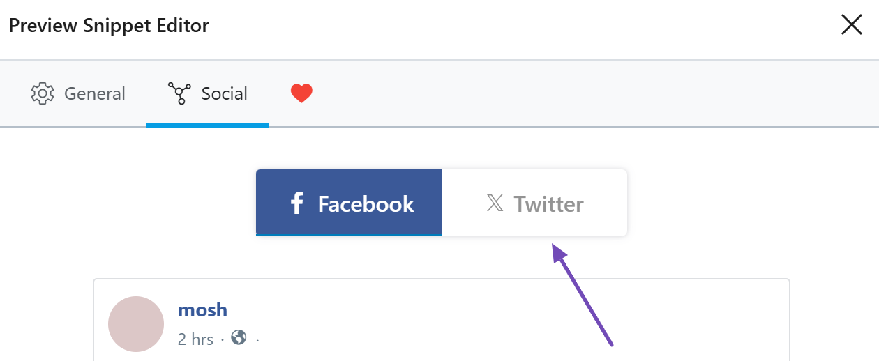 Switching to the Twitter sharing options in Rank Math