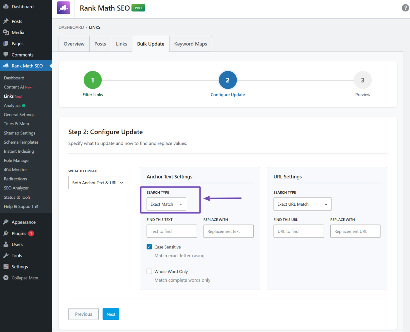 Anchor text search type dropdown in the Bulk Update tool