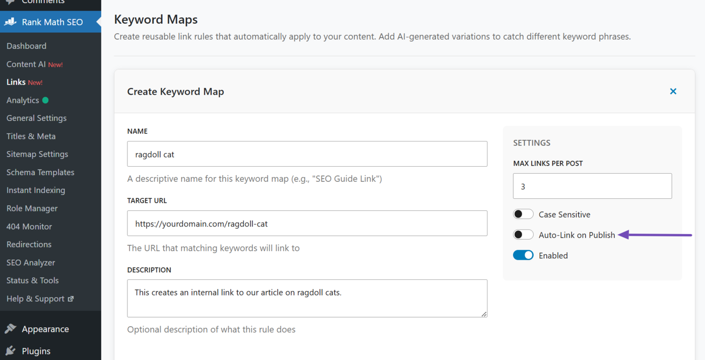 Auto-link on publish setting in Keyword Maps