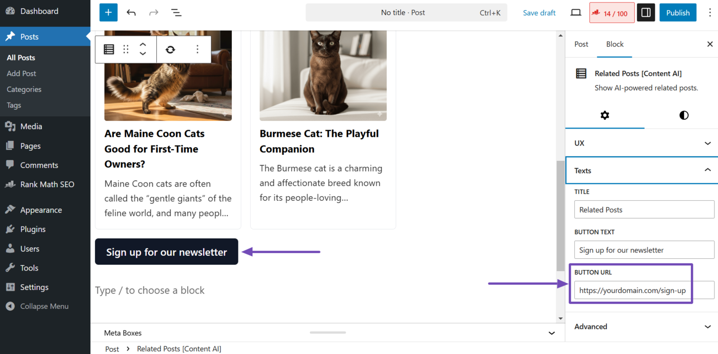 Button URL setting in the related posts block settings