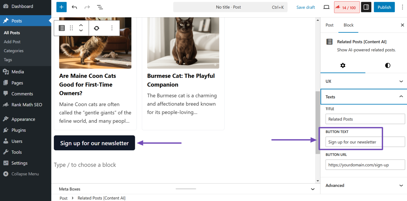Button text setting in the related posts block settings