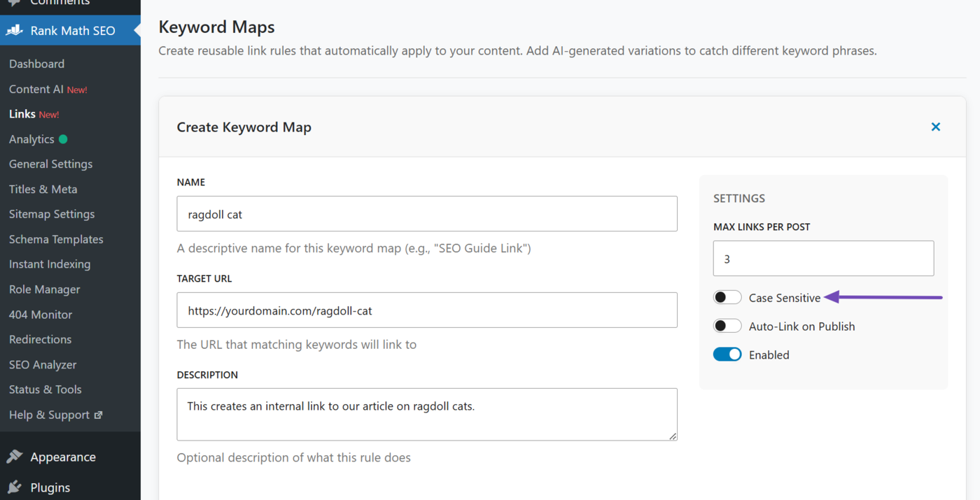Case sensitive setting in Keyword Maps