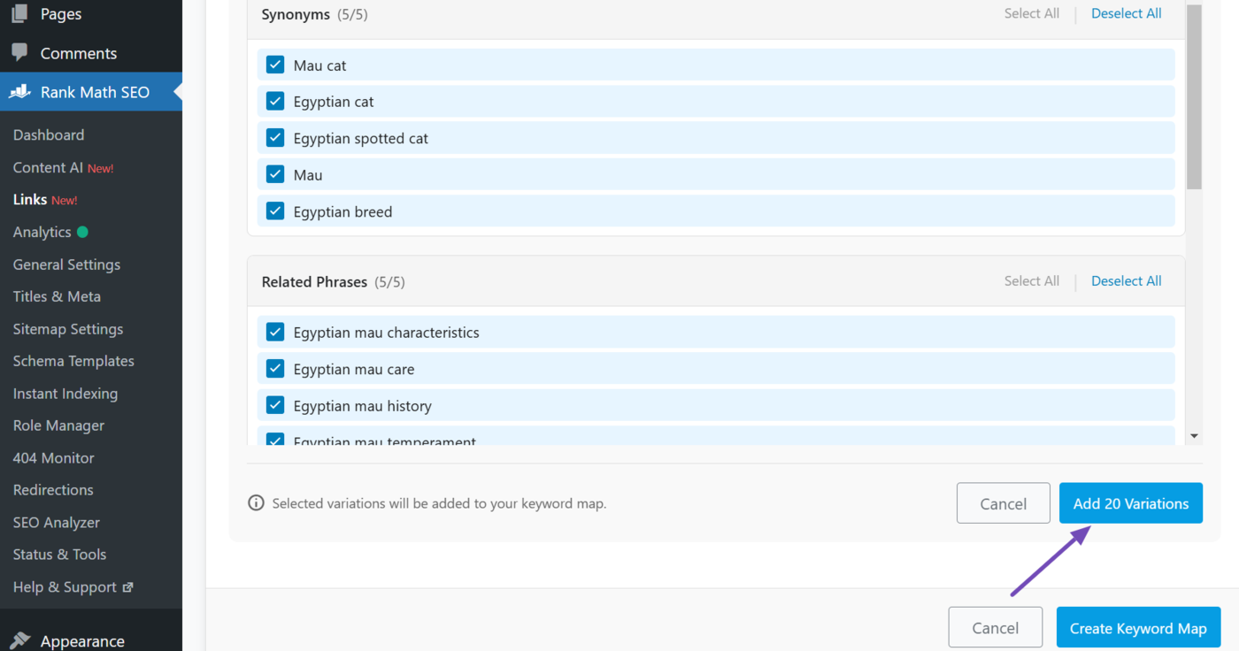 Click Add variations