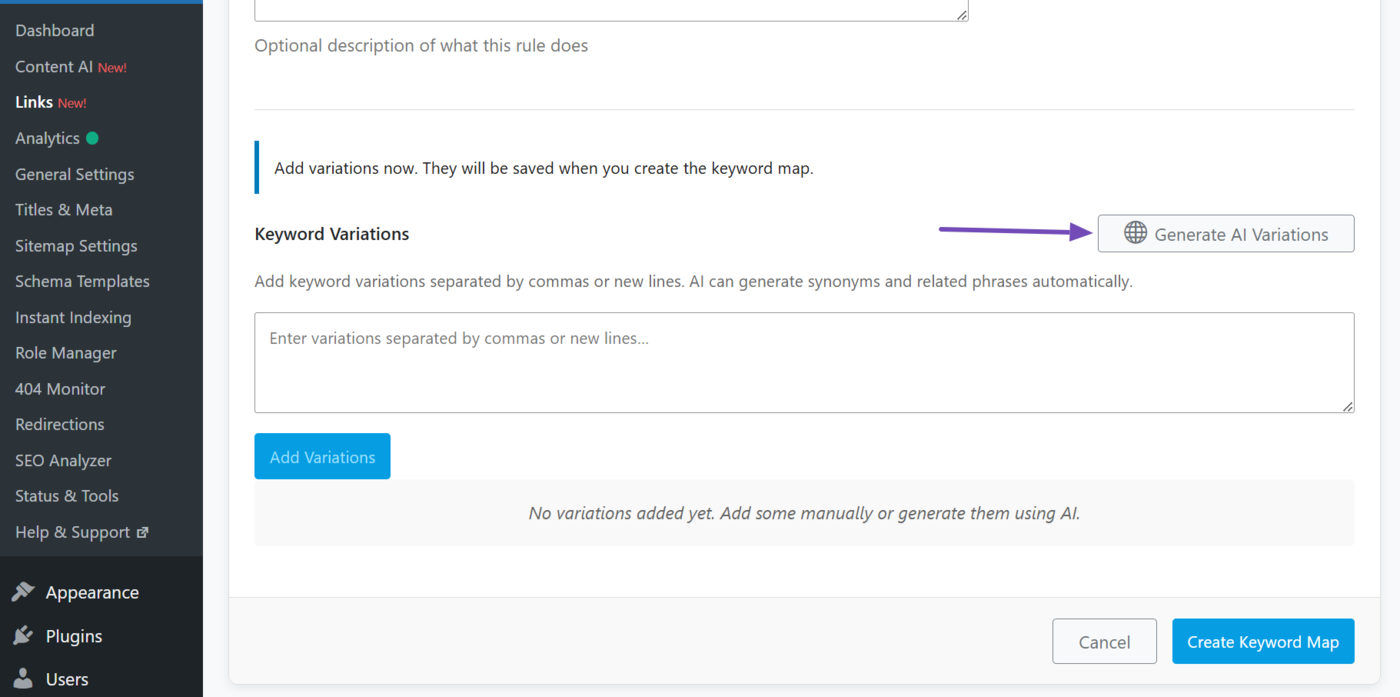 Click Generate AI variations to generate additional keywords