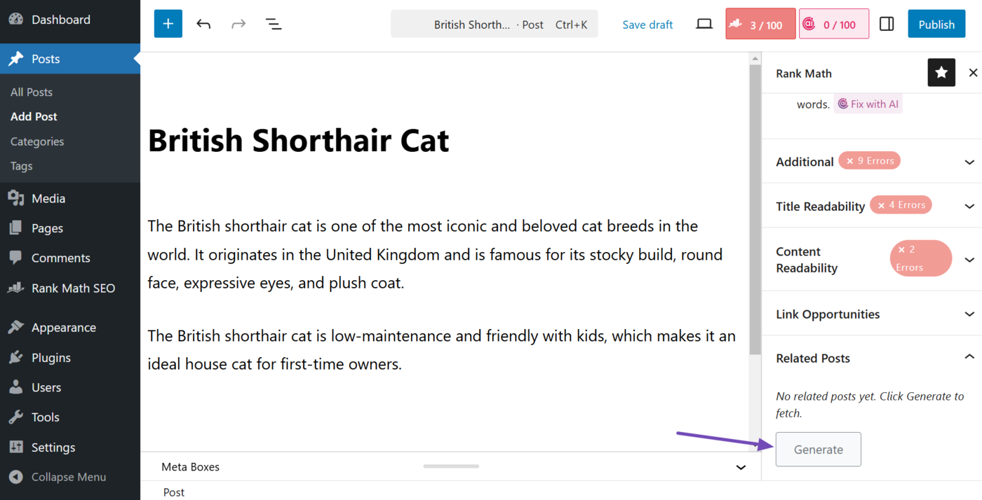 Click Generate in the related posts block