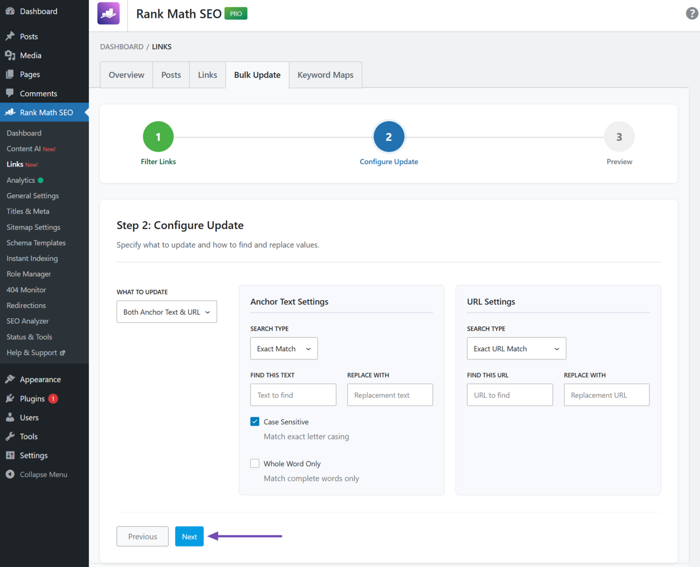 Click Next after entering your URL settings