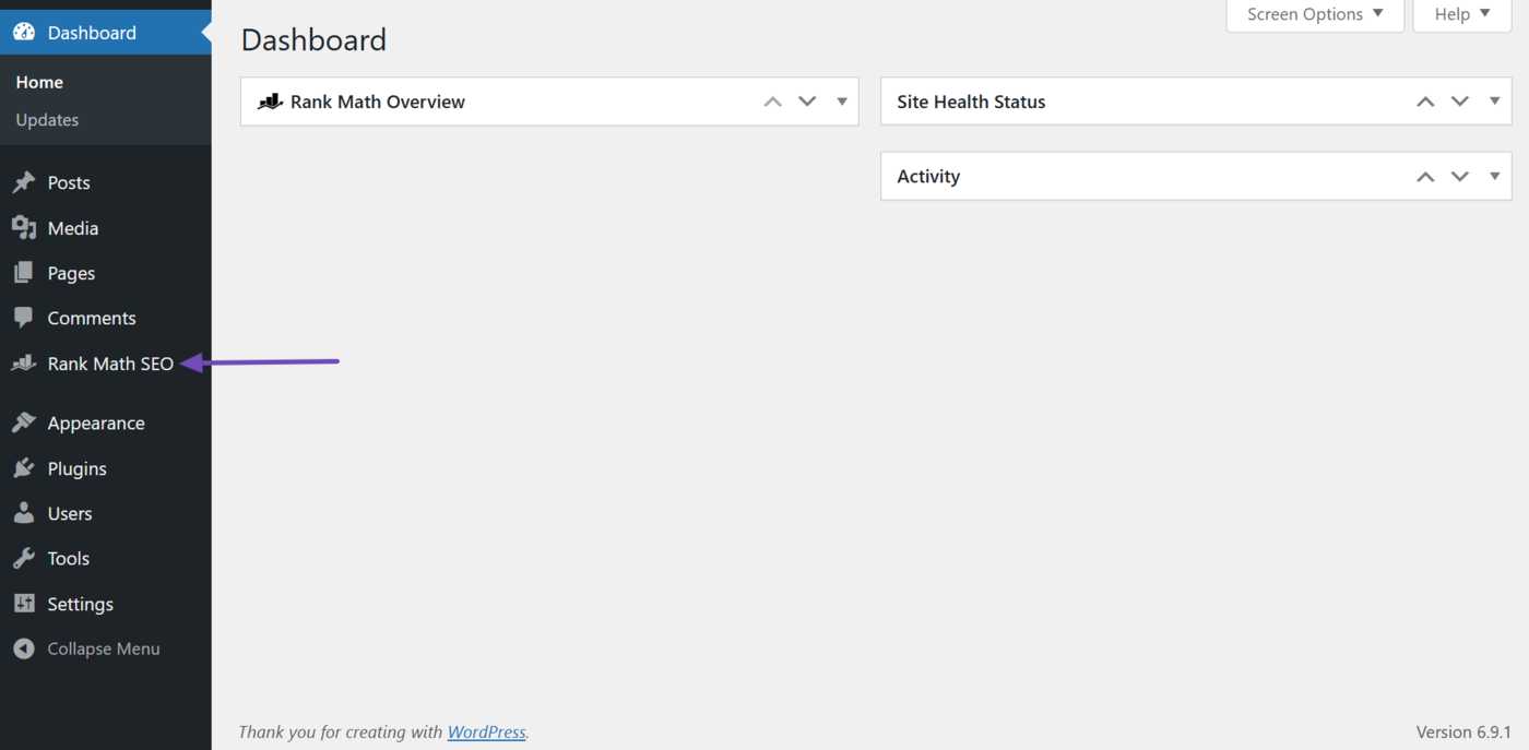 Click Rank Math SEO from your WordPress dashboard