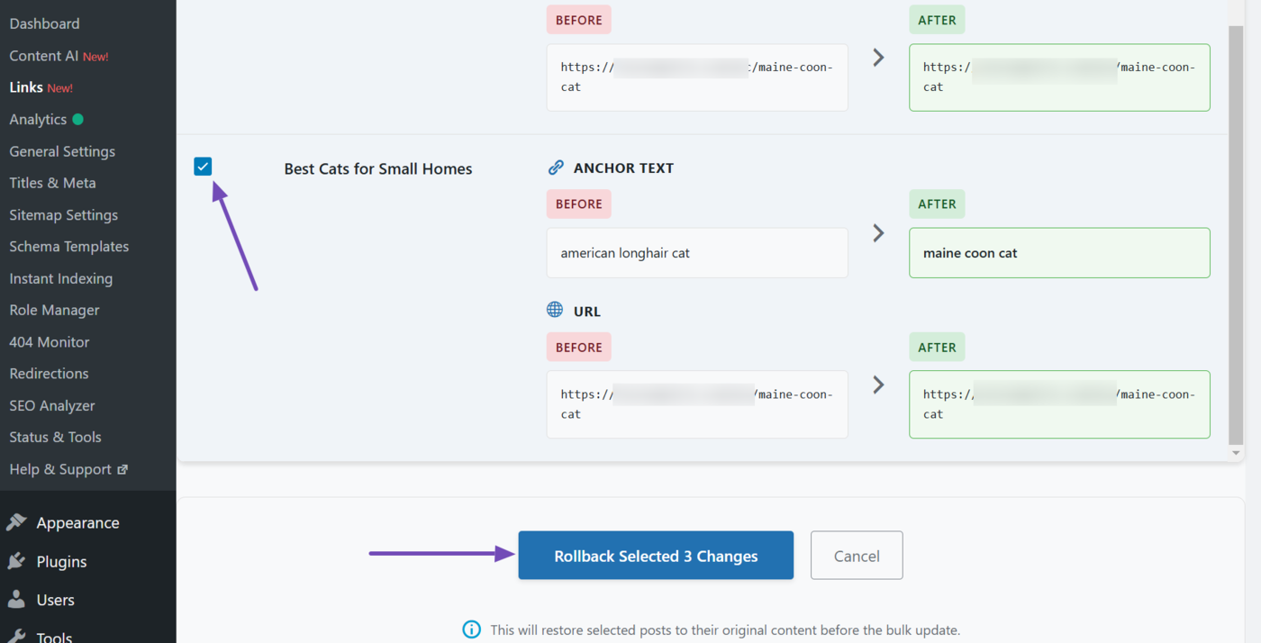 Click Rollback selected changes