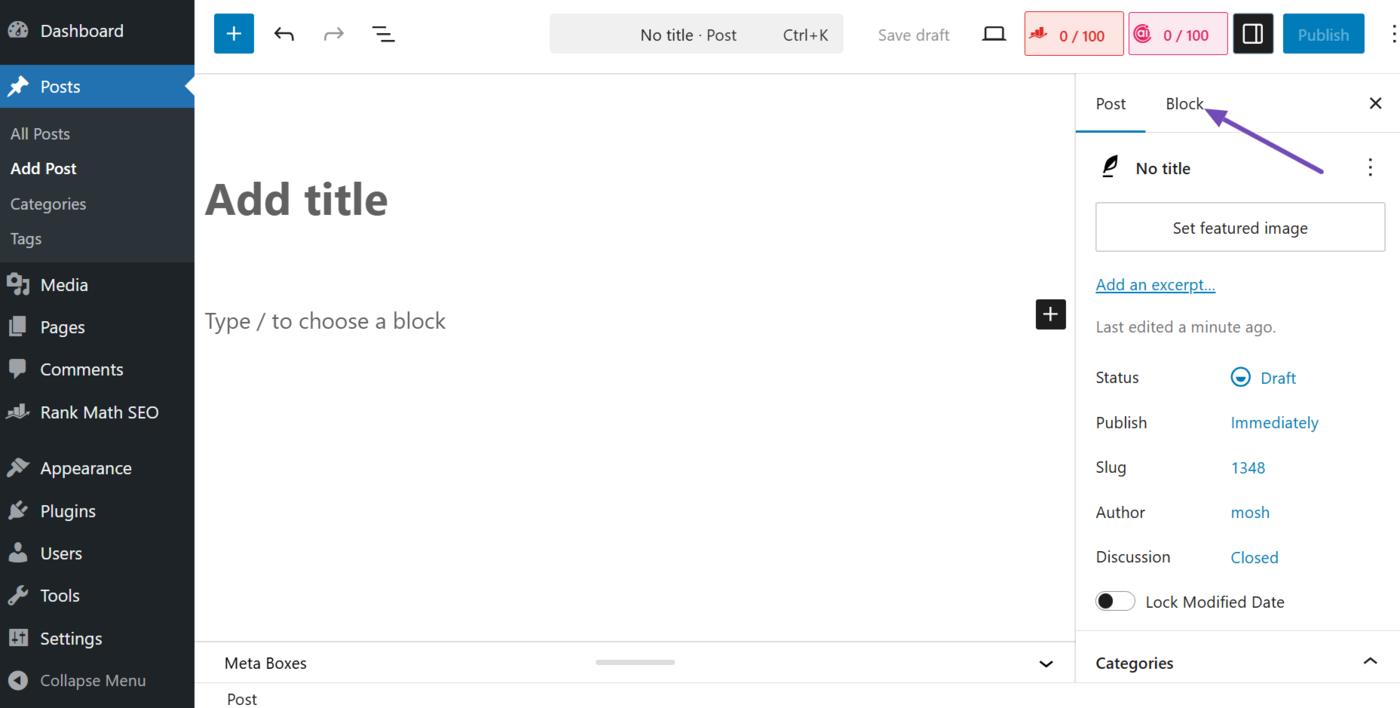 Click block in the settings sidebar
