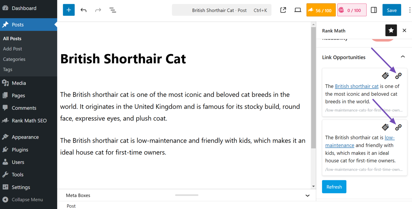 Click the Insert URL icon to add the internal link
