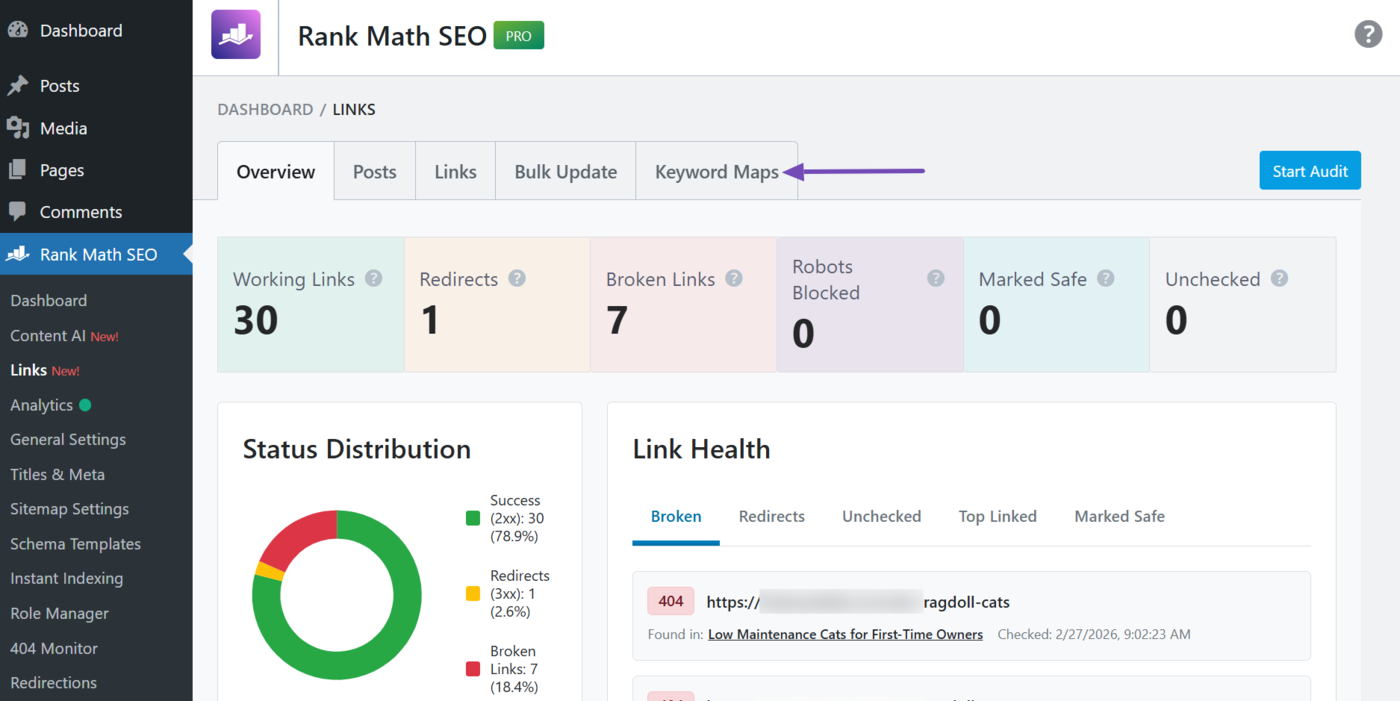 Click the Keyword Maps tab in Links