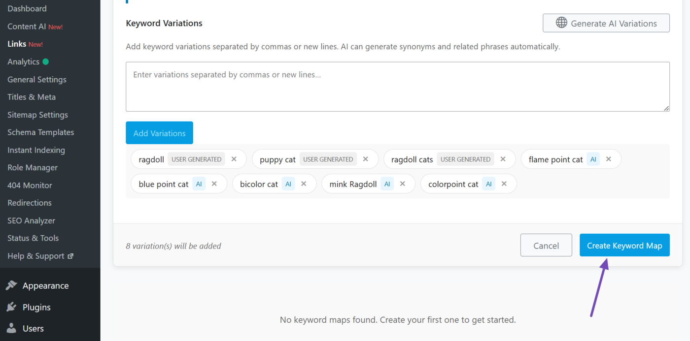 Click the create keyword map button
