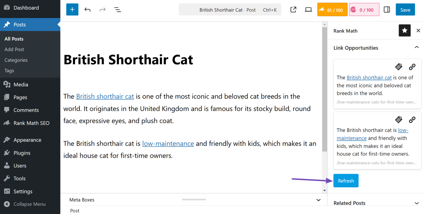 Click the refresh button to generate new internal links