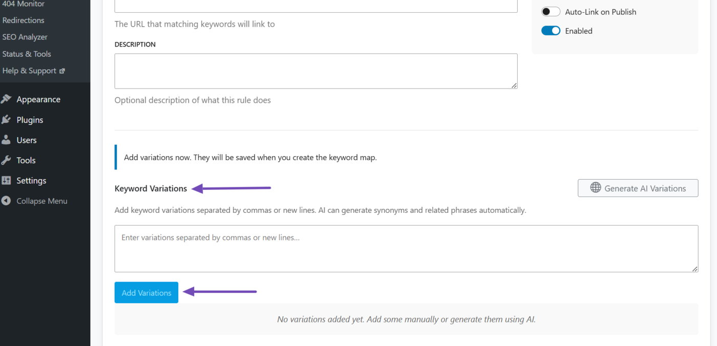 Enter a keyword variation