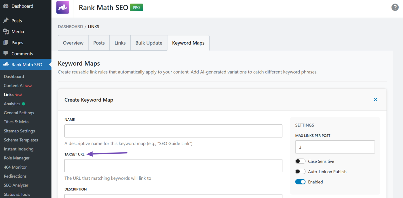 Enter the orphan page URL into the target URL field