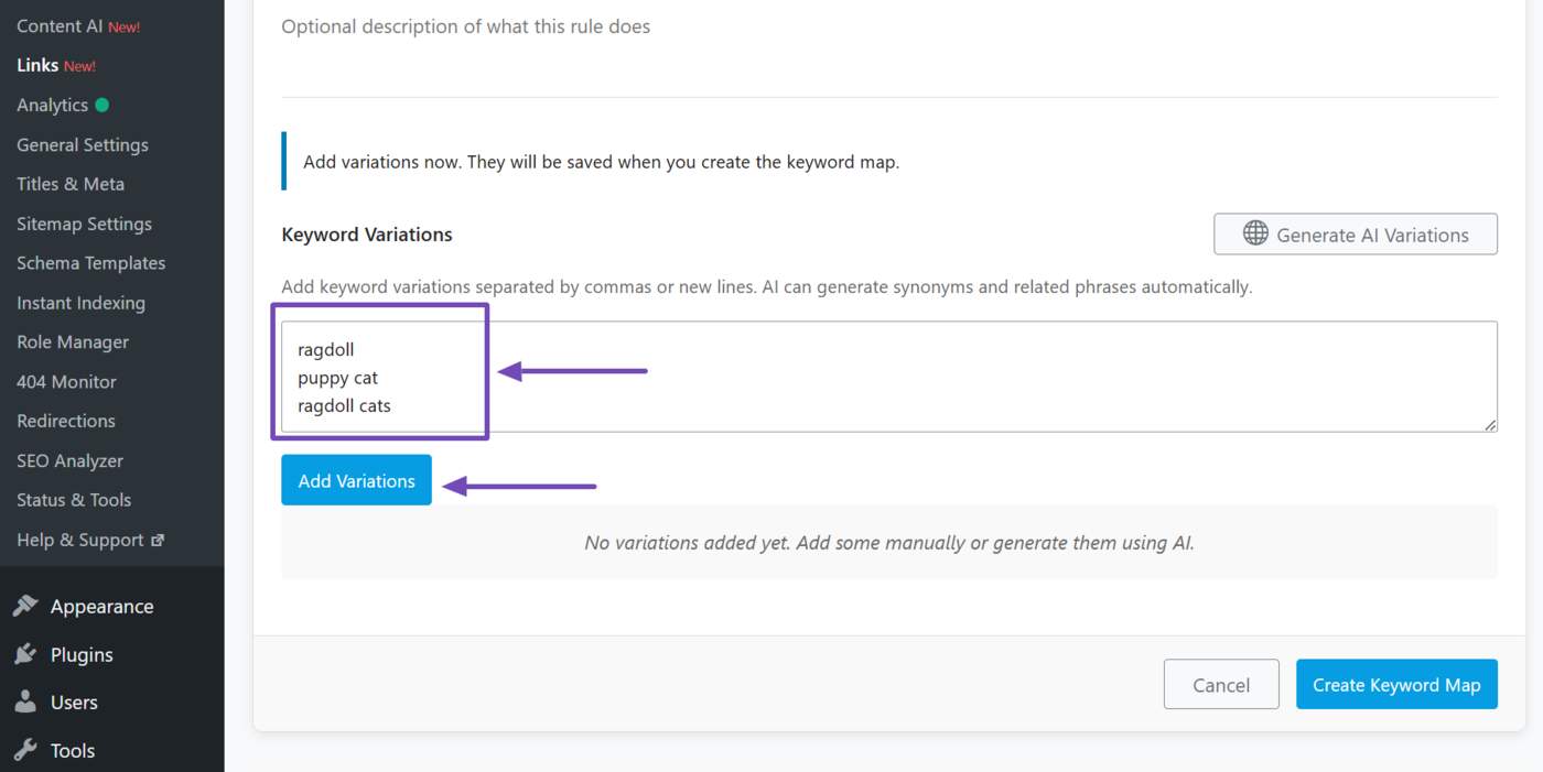 Enter variations of your keyword and click Add Variations
