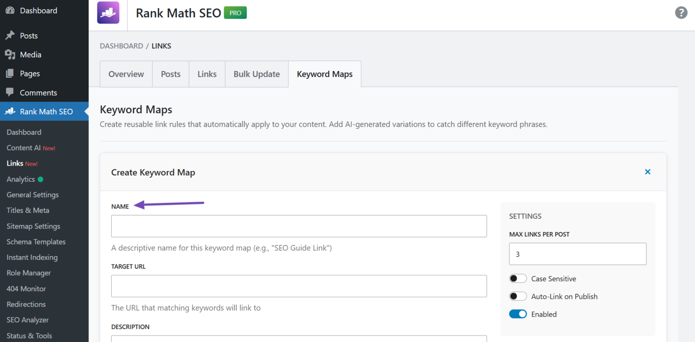 Enter your keyword into the Name field