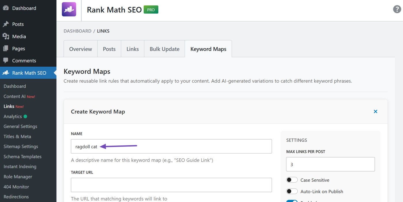 Enter your primary keyword into the name field