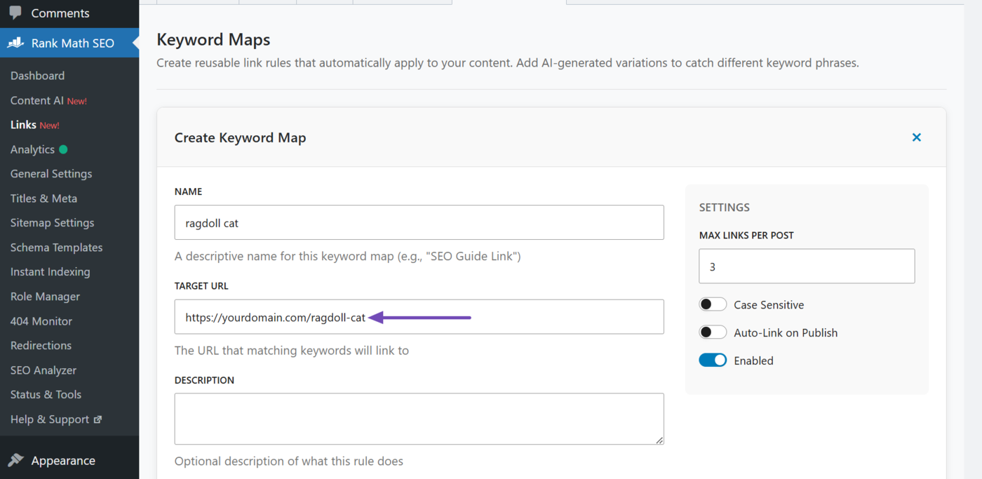 Enter your target URL into the target URL field