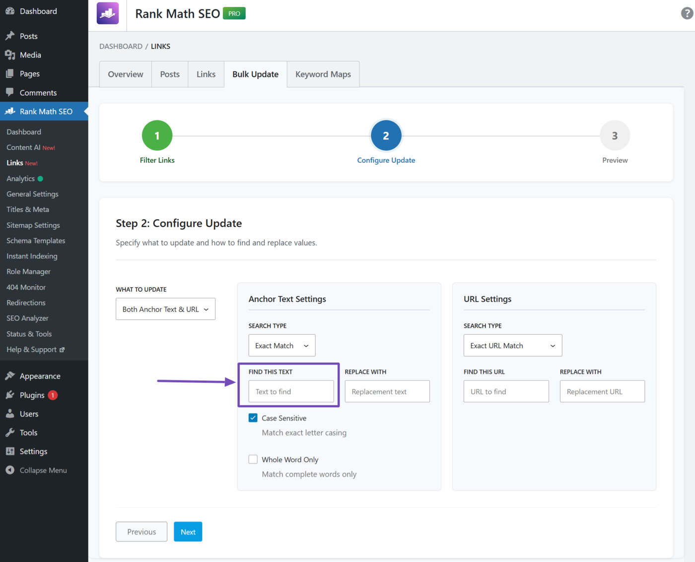 Find this text field option in the Bulk Update tool