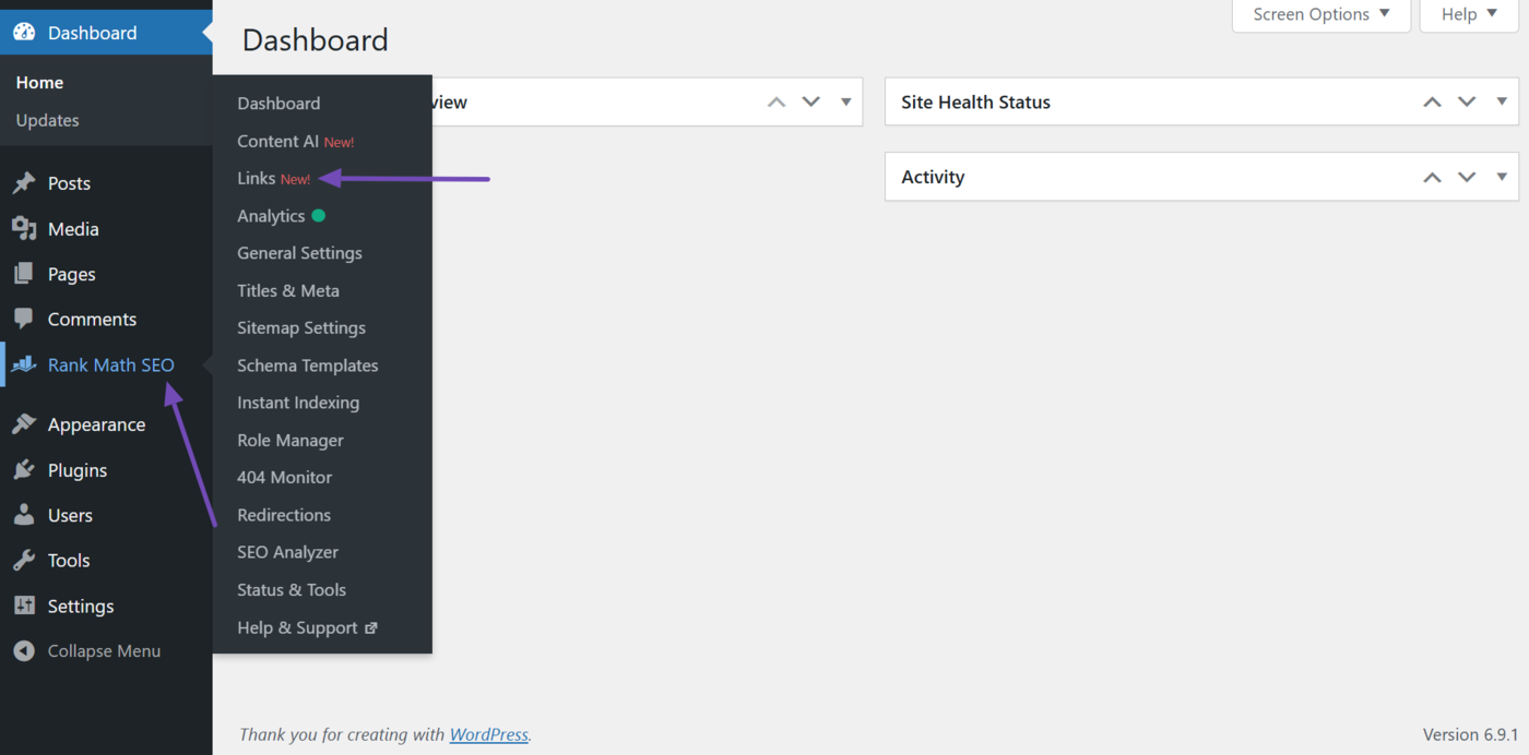 Head to Rank Math SEO Links from your WordPress dash