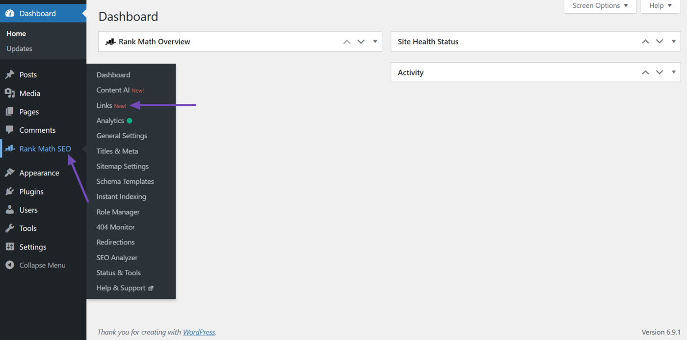 Head to Links in Rank Math SEO