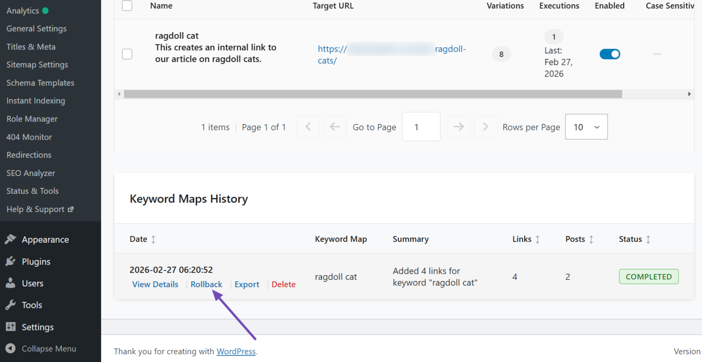 Hover over the keyword map and click Rollback