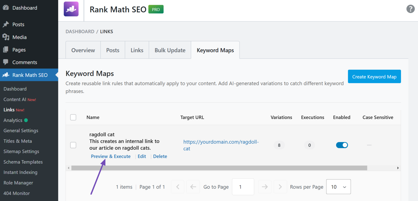 Hover over the link and click preview and execute
