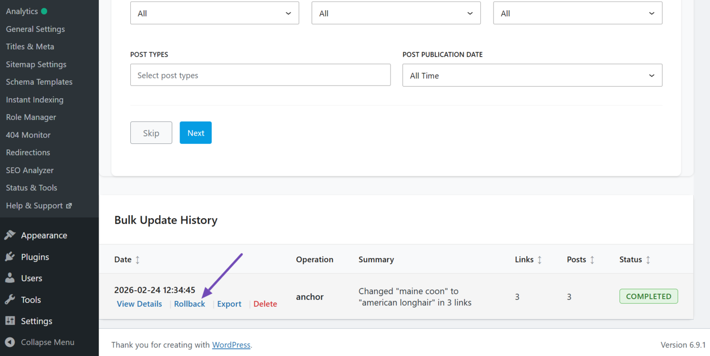 Hover over the update and click Rollback