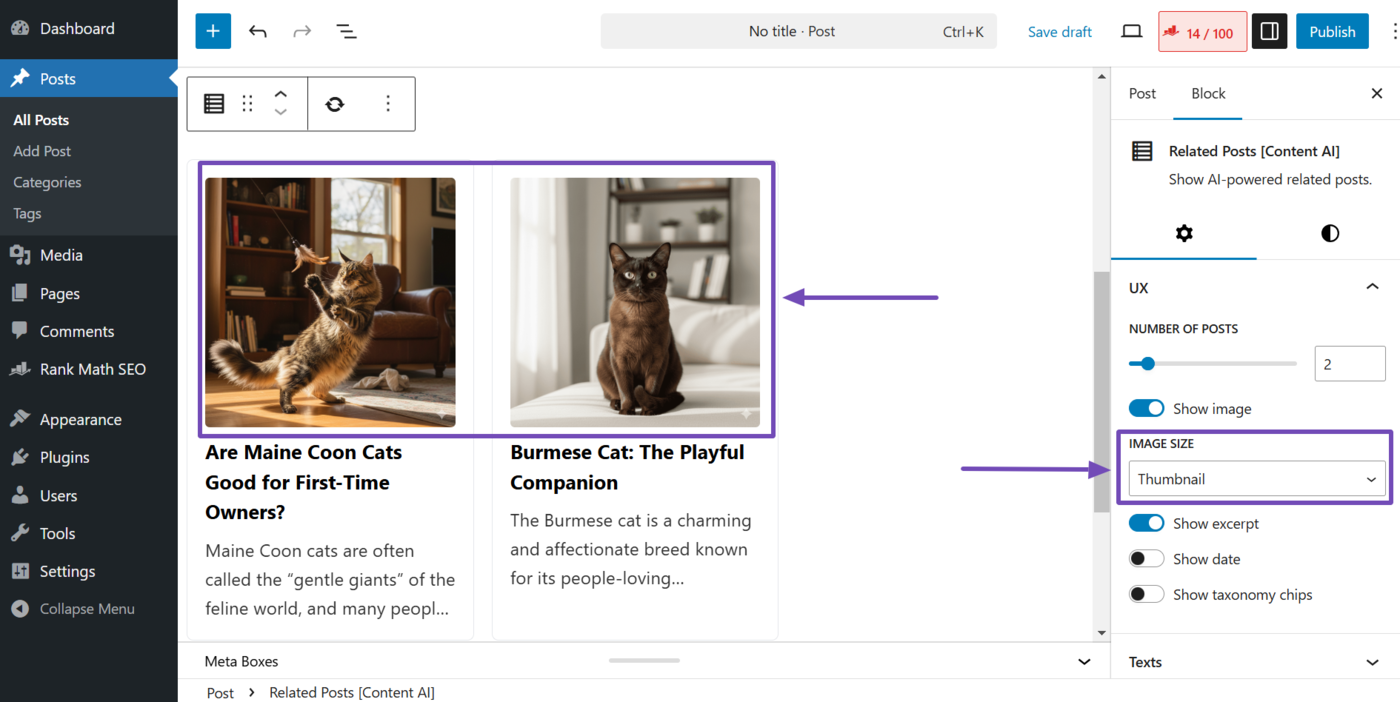 Image size setting in the related posts block settings