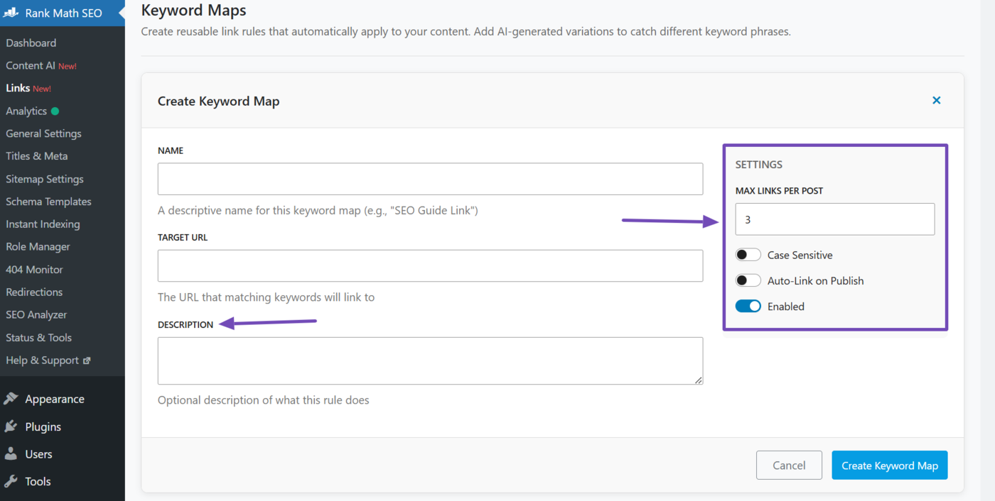 Keyword map settings