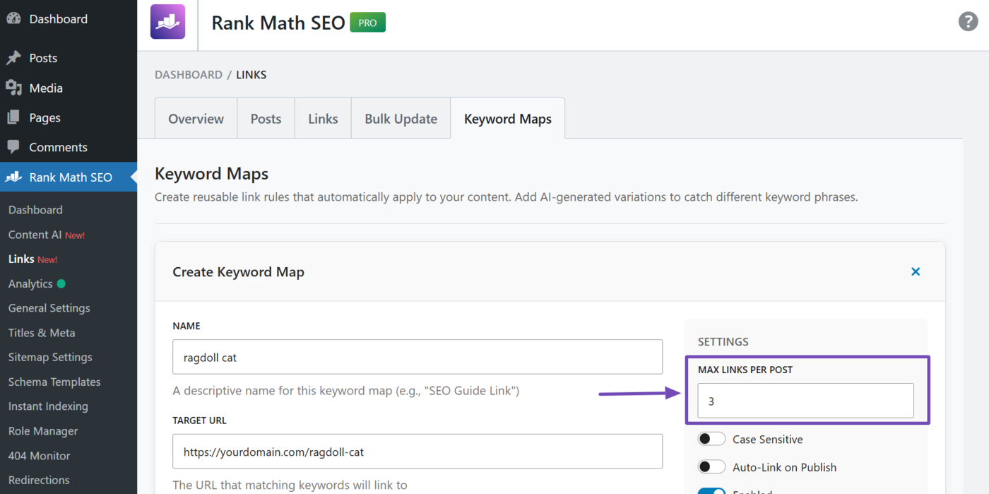 Max links per post settings in Keyword Maps