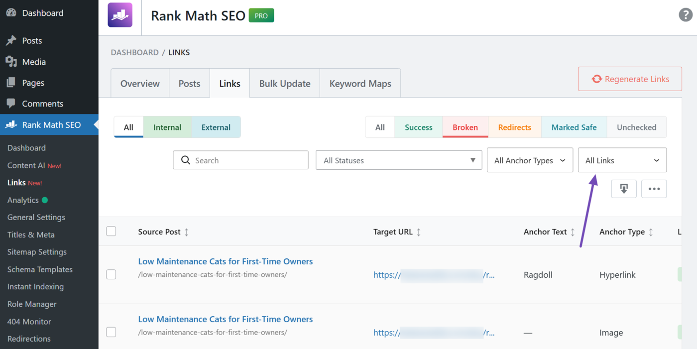 Nofollow status filter in the broken links report