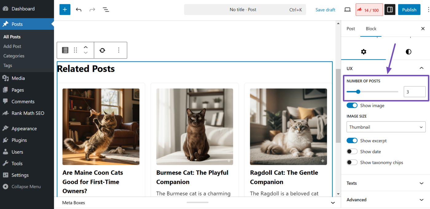 Number of posts setting in the related posts block settings