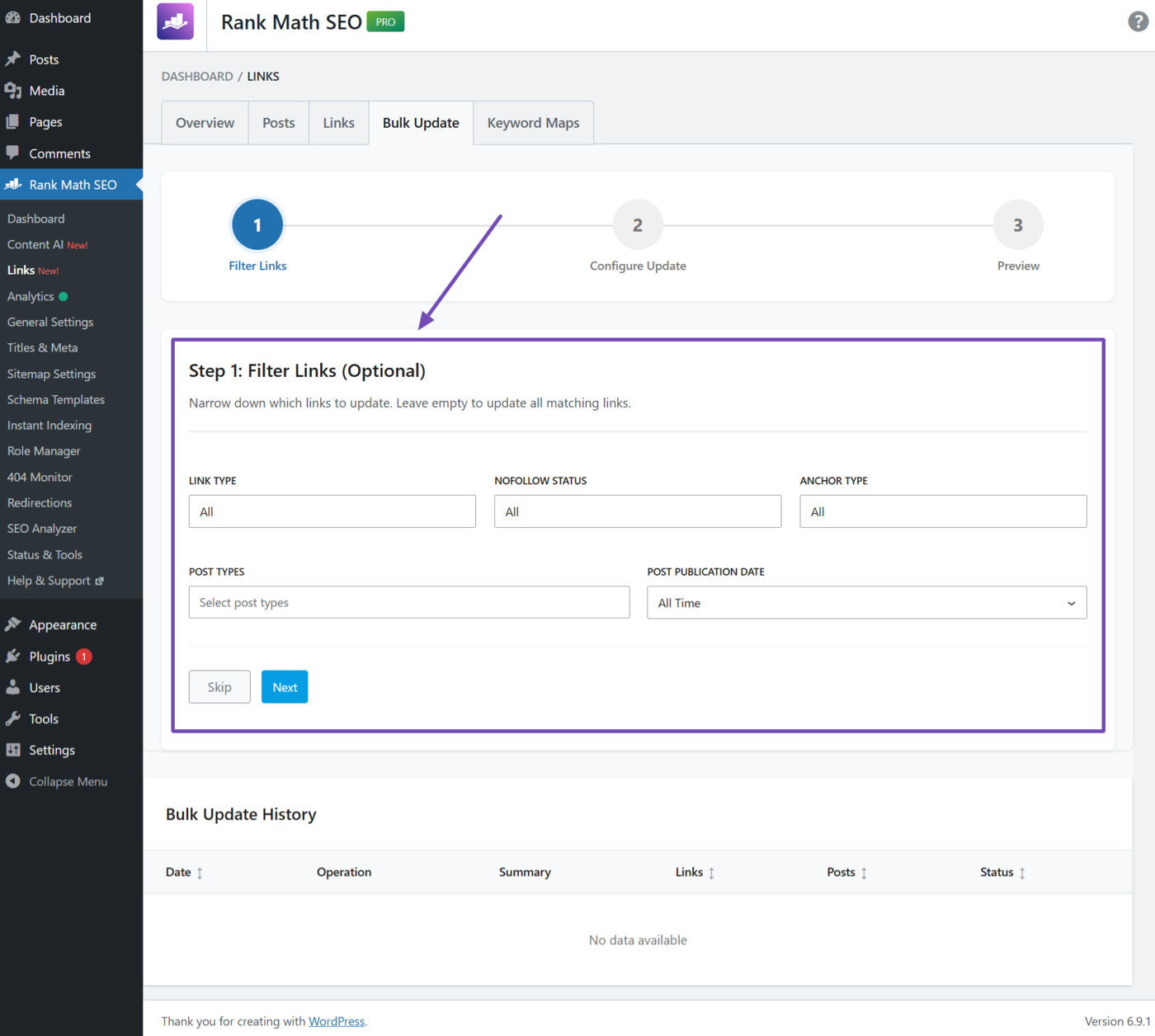 Overview of the Filter settings in the Bulk update tool