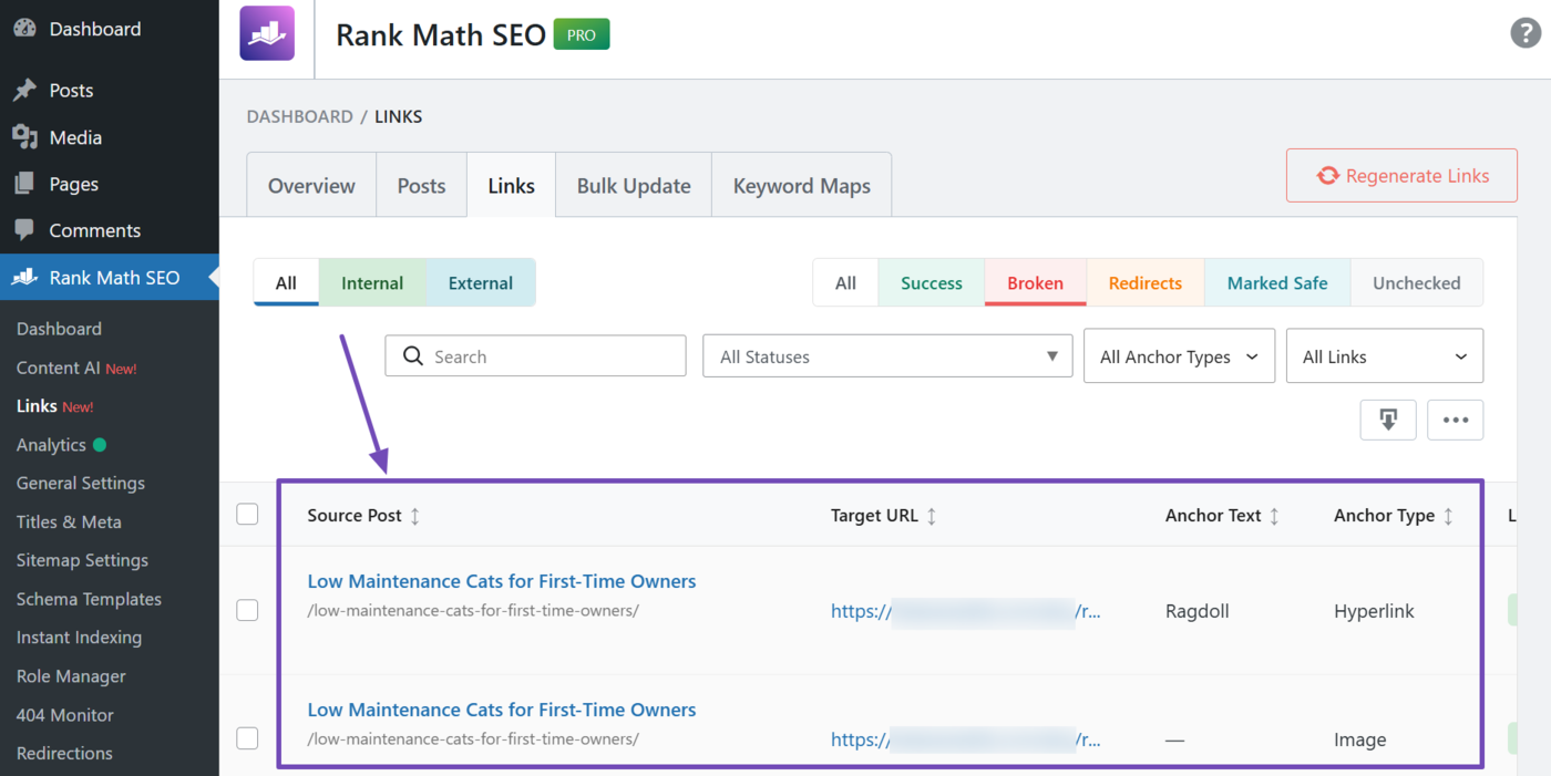 Overview of the broken links report columns